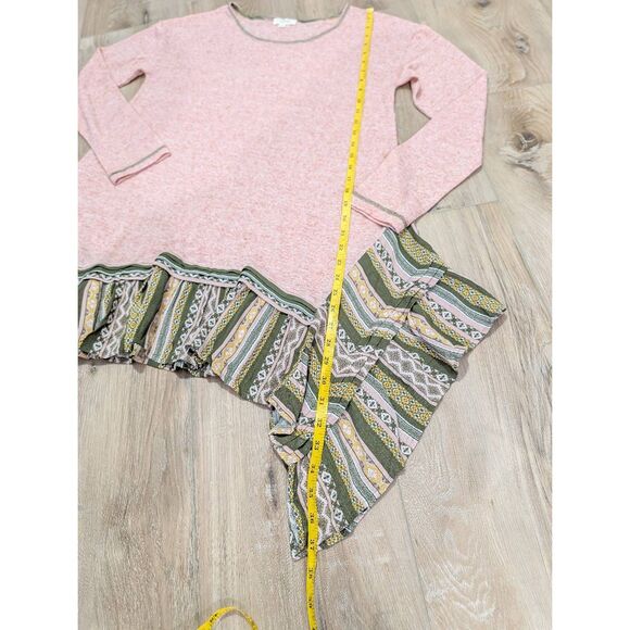 Oddy Boho Tribal Shark Bite Hem Tunic Top Long Sleeve Women's Medium Pink Green - Picture 12 of 14